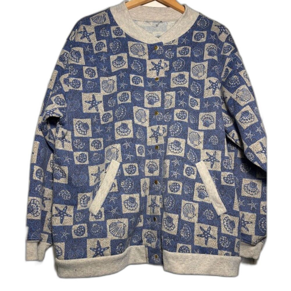 Vintage Bomber Jacket Sweatshirt XL Fleece Blue Checkerboard Seashell Print